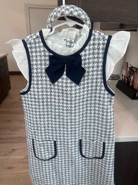 Janie and Jack Navy & White Tweed Bow-Front Dress with Ruffled Blouse